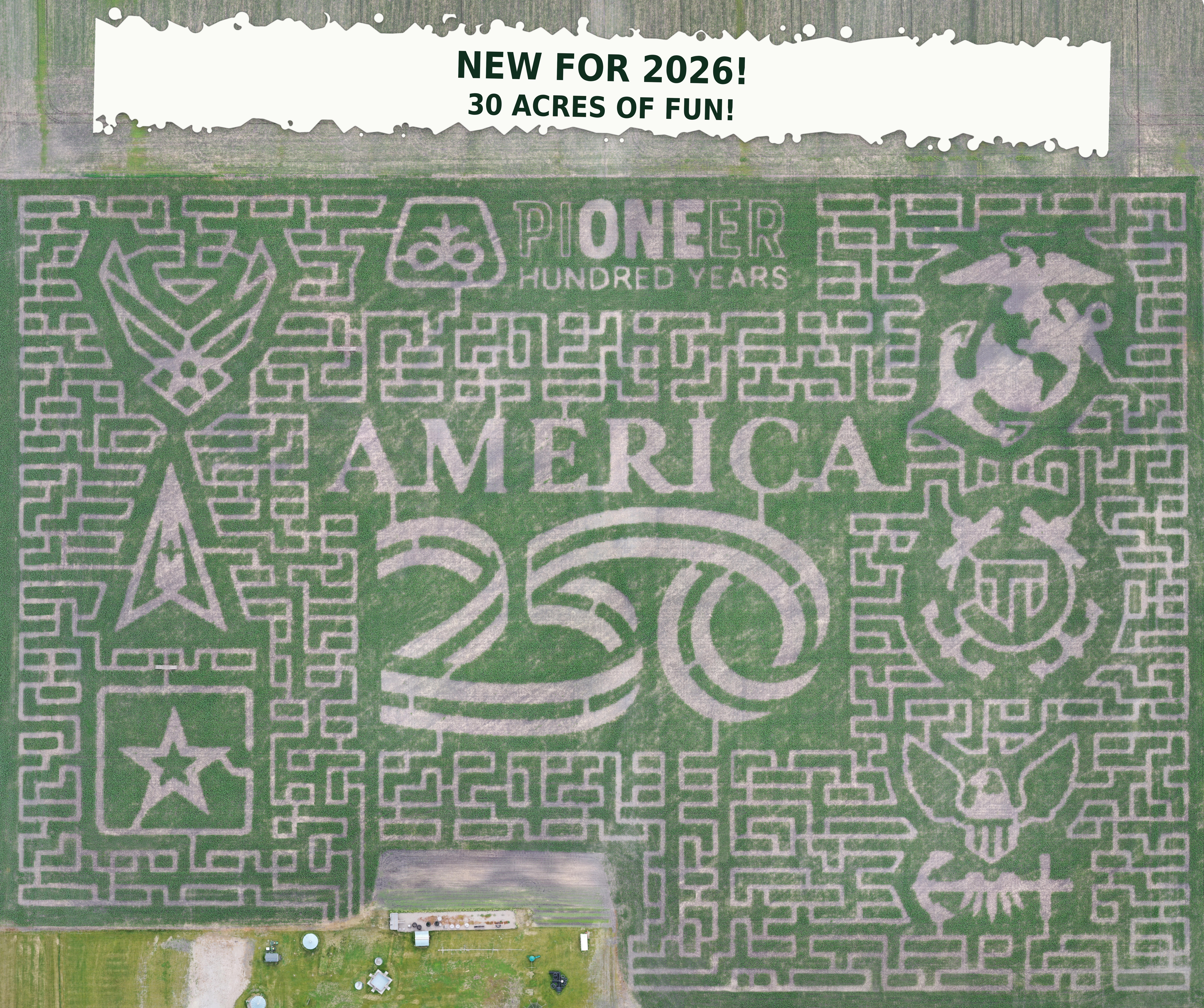 2026 America 250 corn maze design aerial view — Valley Corn Maize East Grand Forks MN
